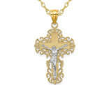 10K Yellow Gold Cross Crucifix with Lace Trip Pendant Necklace with Chain